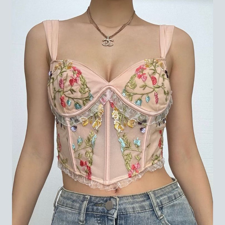 Flower embroidery bustier mesh cami top  | Festival Outfits Women