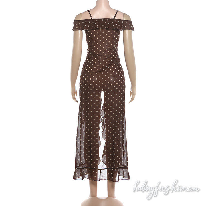 Off shoulder polka dot ruffle high slit cami top