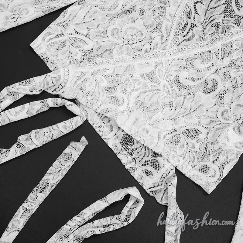 Long sleeve lace see through v neck self tie top - Halibuy - 6