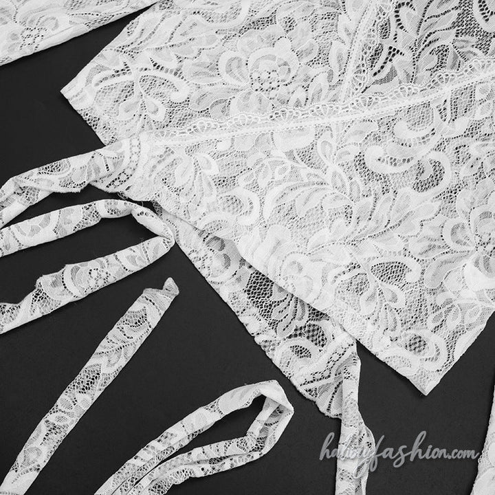 Long sleeve lace see through v neck self tie top - Halibuy - 6