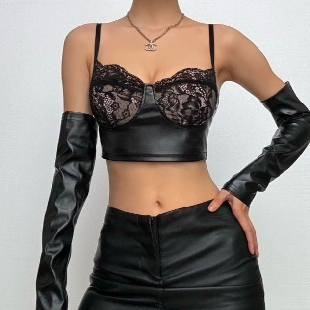 Lace hem gloves PU leather v neck cami mini skirt set-final-sale Cargo Mini Skirt