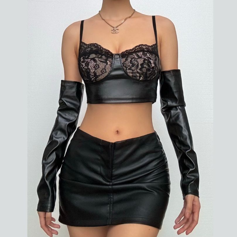 Lace hem gloves PU leather v neck cami mini skirt set-final-sale Cargo Mini Skirt
