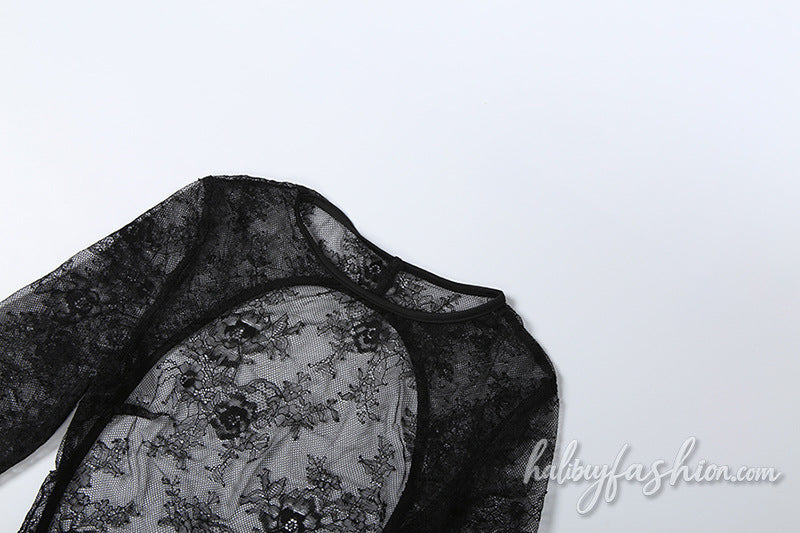 Long sleeve crewneck lace see through maxi dress