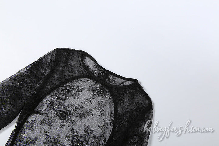 Long sleeve crewneck lace see through maxi dress