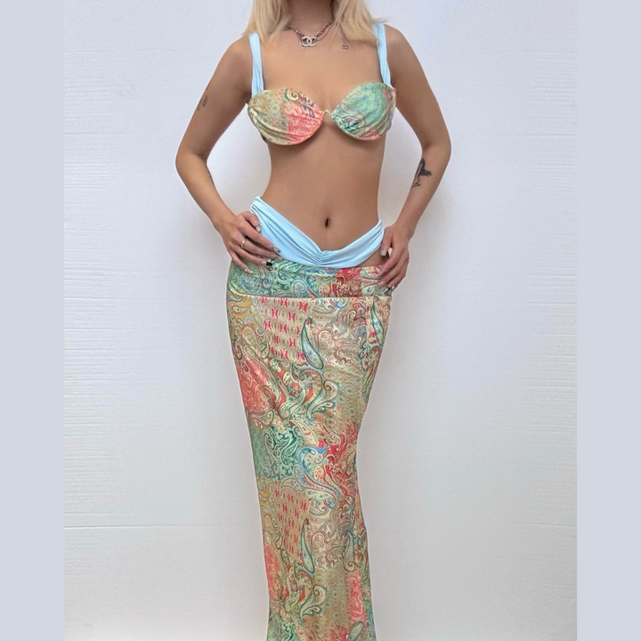 Contrast knotted 3 piece cami maxi skirt set  | Festival Outfits Women-final-sale