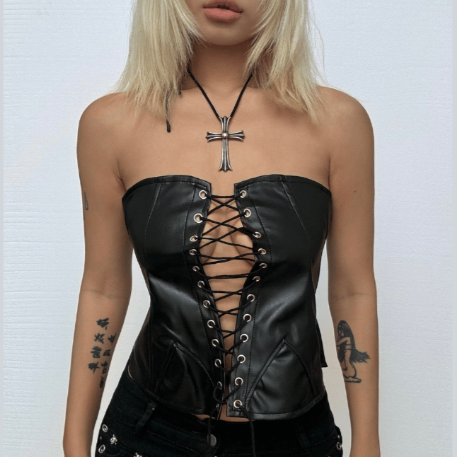 Lace up PU leather hollow out corset tube cut out top  | Festival Outfits Women-final-sale