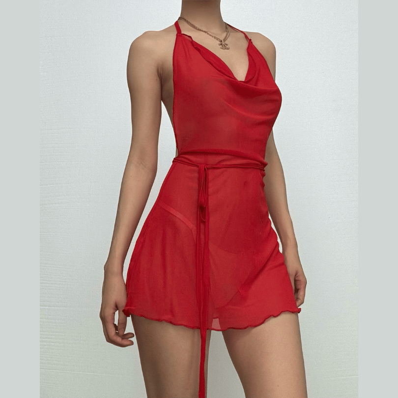 Halter cowl neck sheer mesh ruffle mini dress-final-sale
