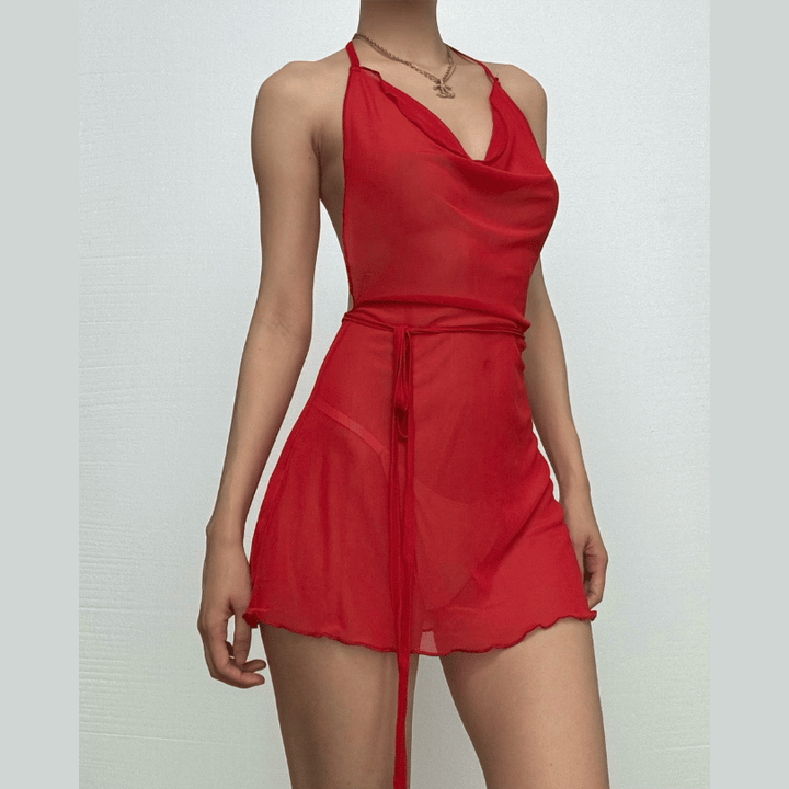 Halter cowl neck sheer mesh ruffle mini dress-final-sale