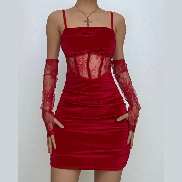 Velvet ruched lace gloves cami mini dress  | Festival Outfits Women