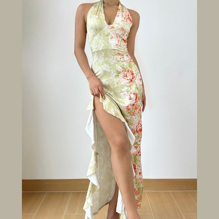 Slit ruffle flower print halter ruched mini dress  | Festival Outfits Women