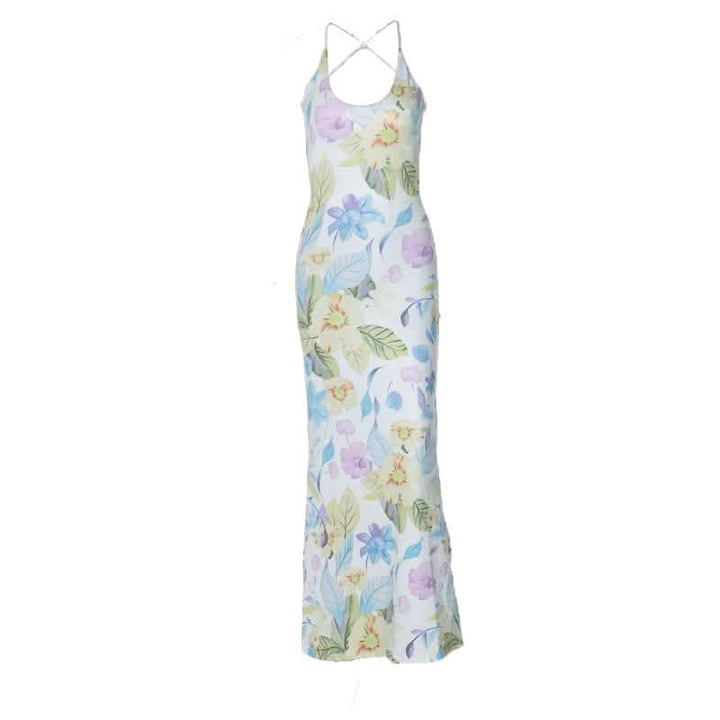 Flower print u neck cross back backless cami midi dress-final-sale  | Festival Outfits Women
