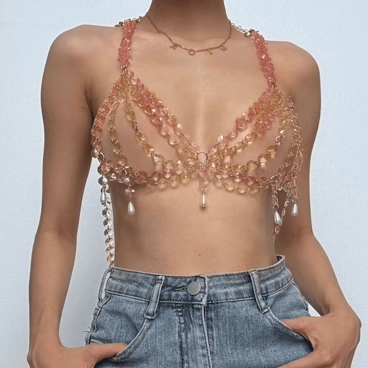 Metal chain beaded faux pearl cross backless bralette top  | Festival Outfits Women