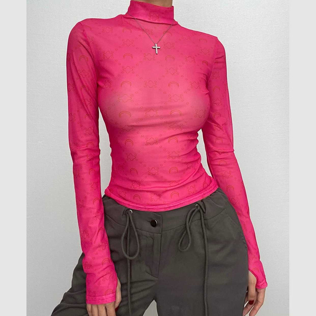 Sheer mesh see through solid long sleeve gloves print high neck top