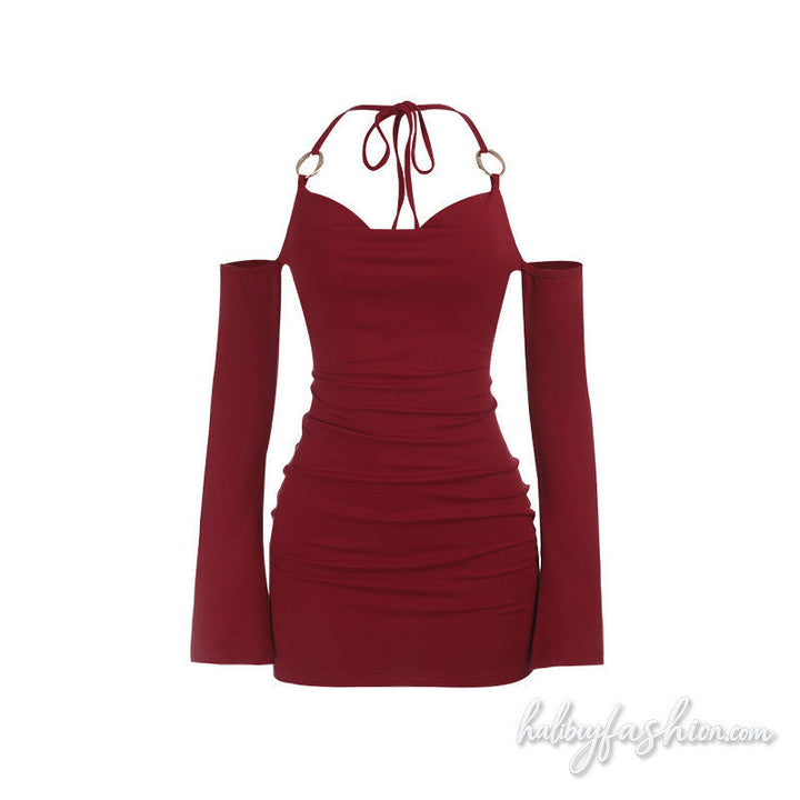Halter self tie off shoulder long sleeve mini dress