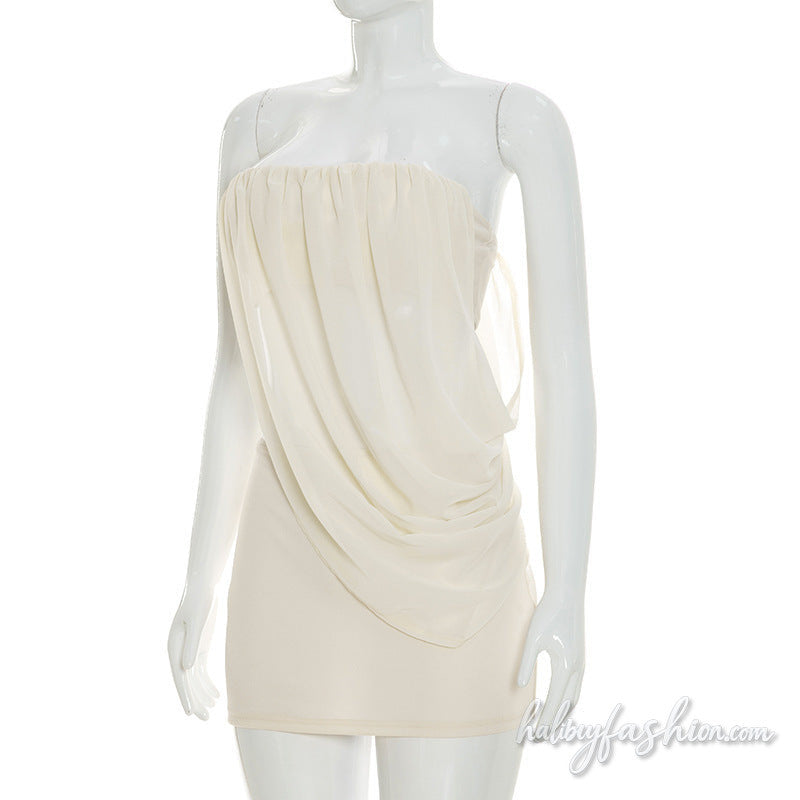 Irregular ruched chiffon tube solid mini skirt set