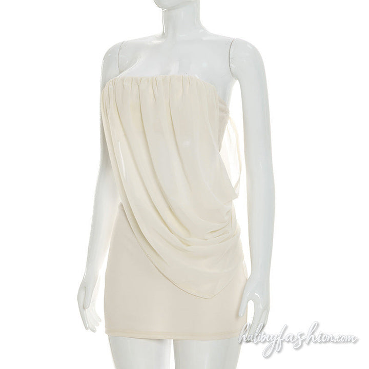 Irregular ruched chiffon tube solid mini skirt set