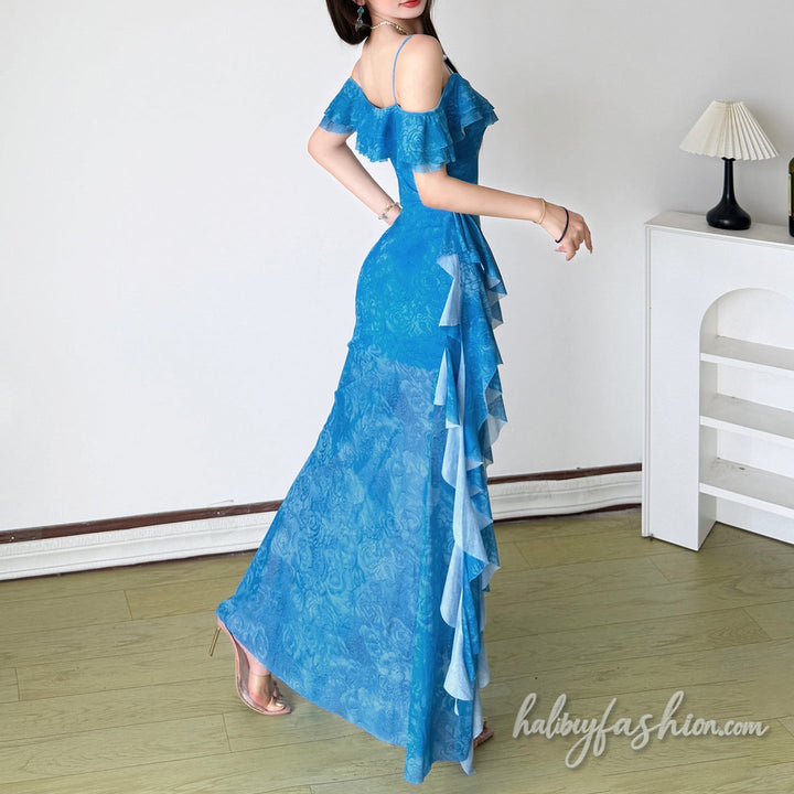 Ruffle irregular slit off shoulder mesh maxi dress