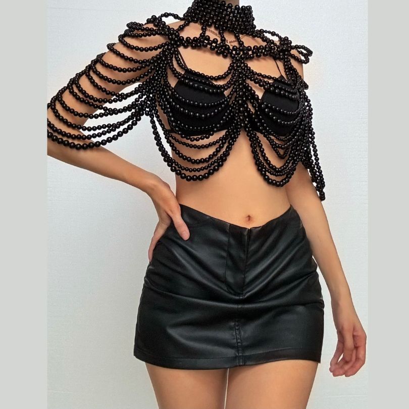 Beaded high neck hollow out metal chain cut out top  | Festival Outfits Women