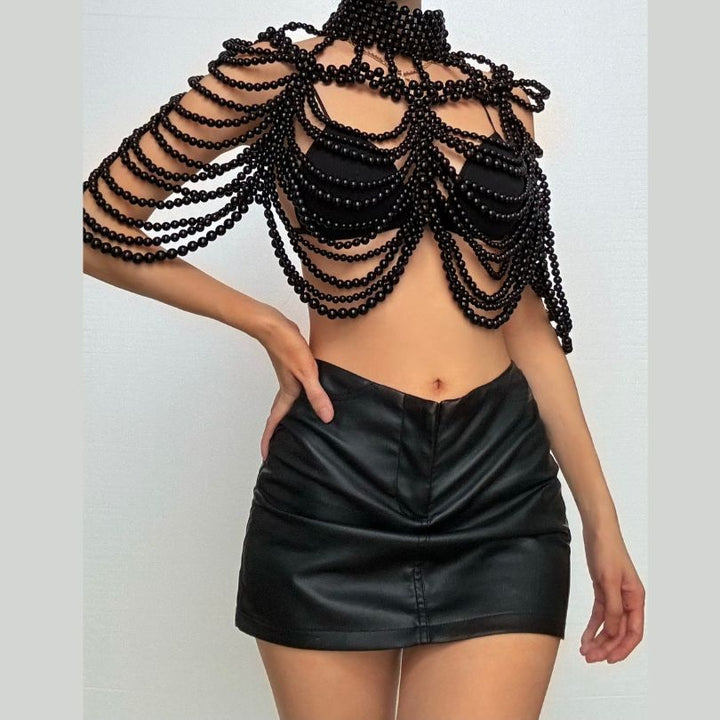 Beaded high neck hollow out metal chain cut out top  | Festival Outfits Women