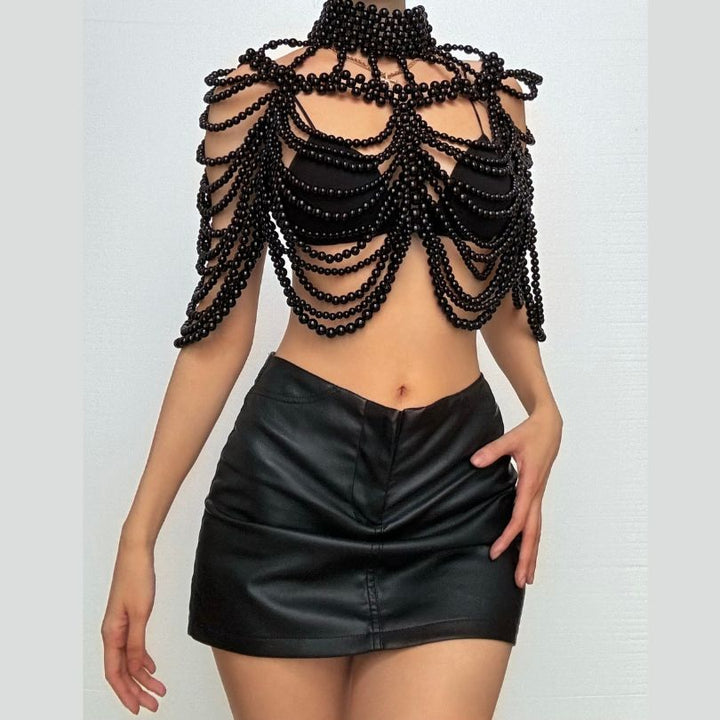 Beaded high neck hollow out metal chain cut out top  | Festival Outfits Women
