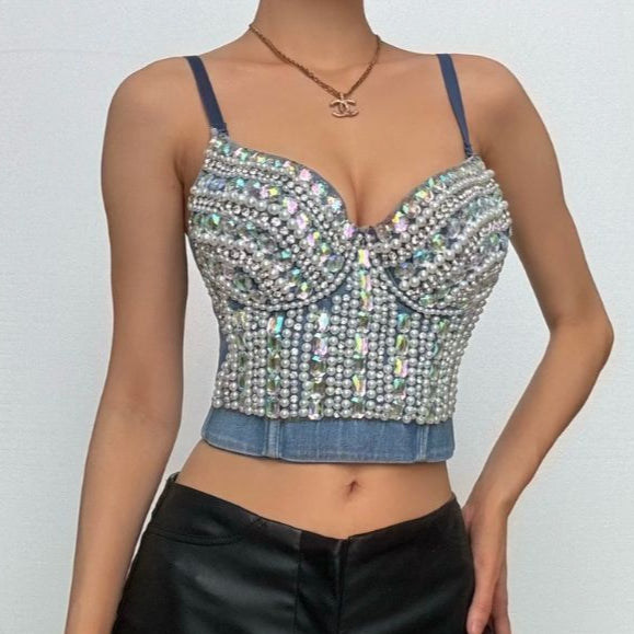 Beaded denim v neck backless cami top  | Festival Outfits Women