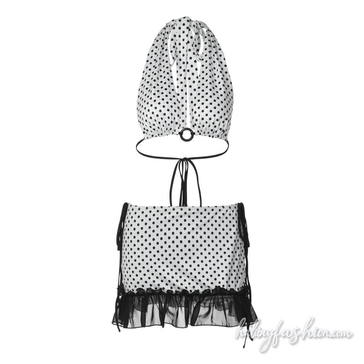 Halter self tie polka dot o ring bikini swimwear