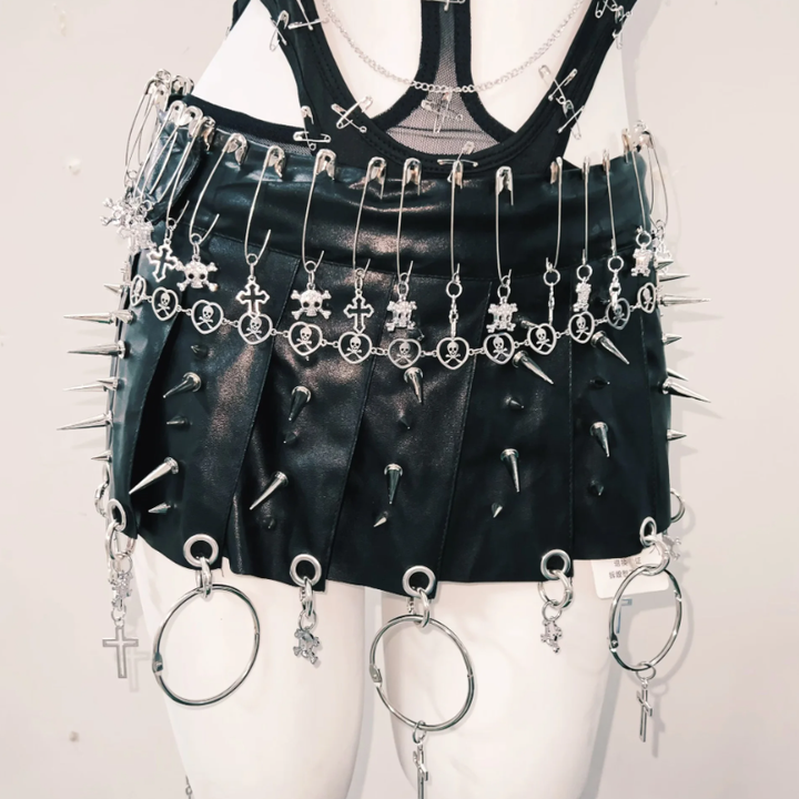 Hollow out metal chain skull applique v neck bodysuit  | Festival Outfits Women
