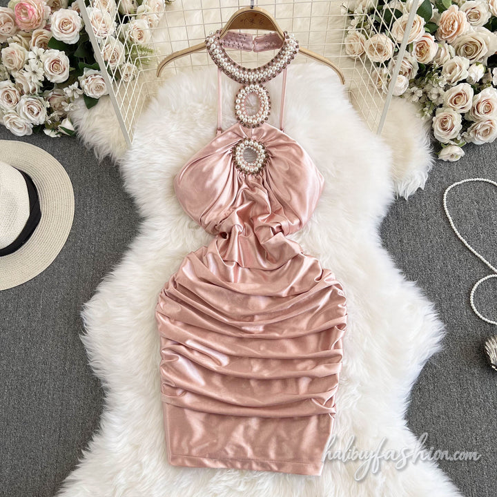 Backless ruched zip-up beaded satin mini dress