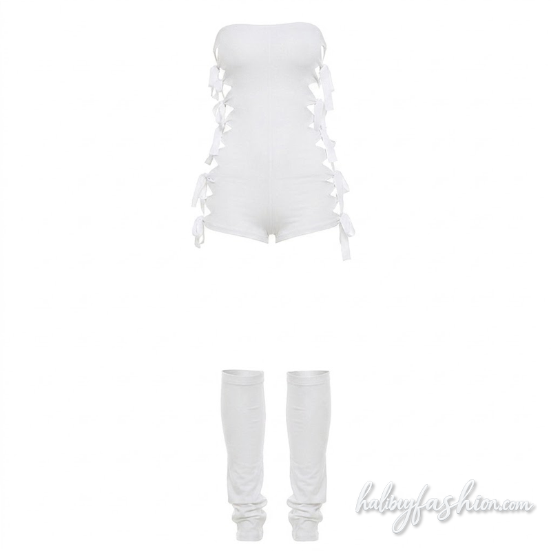 Hollow out self tie backless solid tube romper