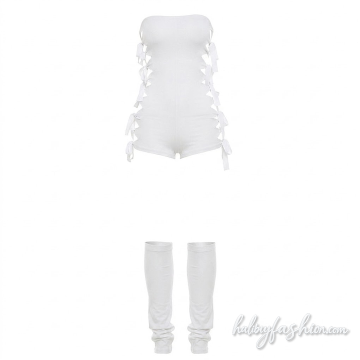 Hollow out self tie backless solid tube romper