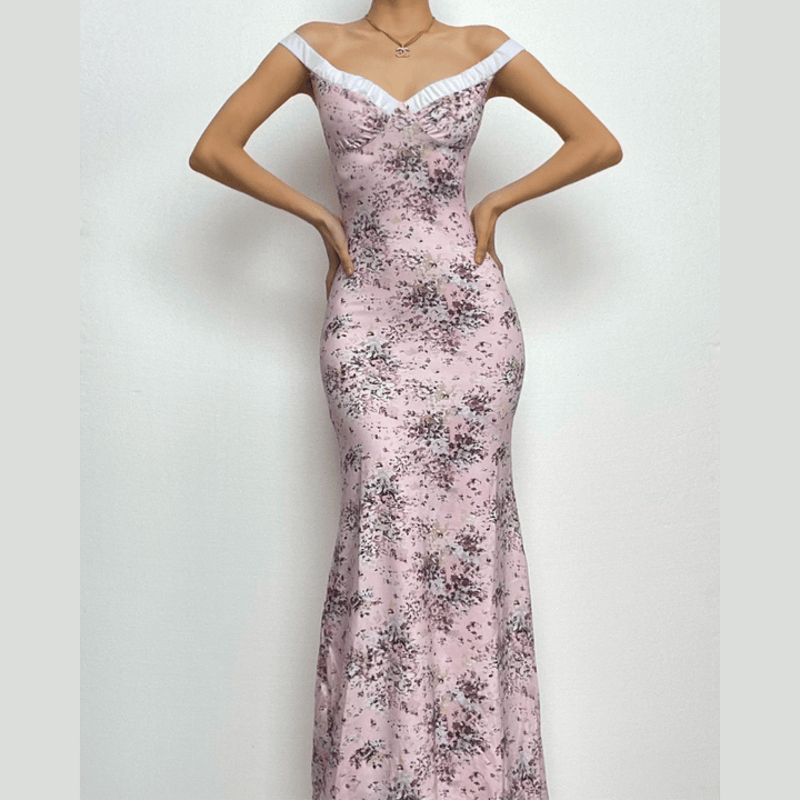 Ruched flower print contrast sleeveless v neck maxi dress-final-sale  | Festival Outfits Women