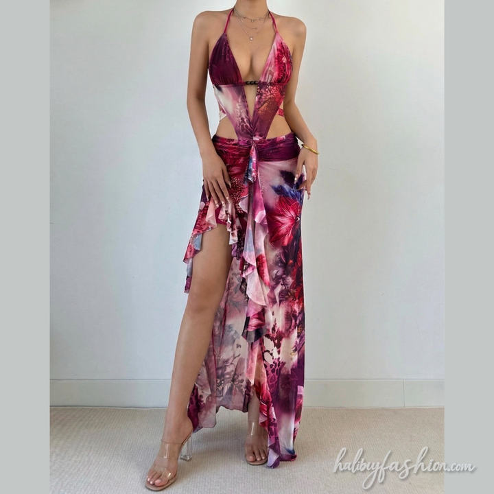 Print halter self tie v neck irregular maxi dress