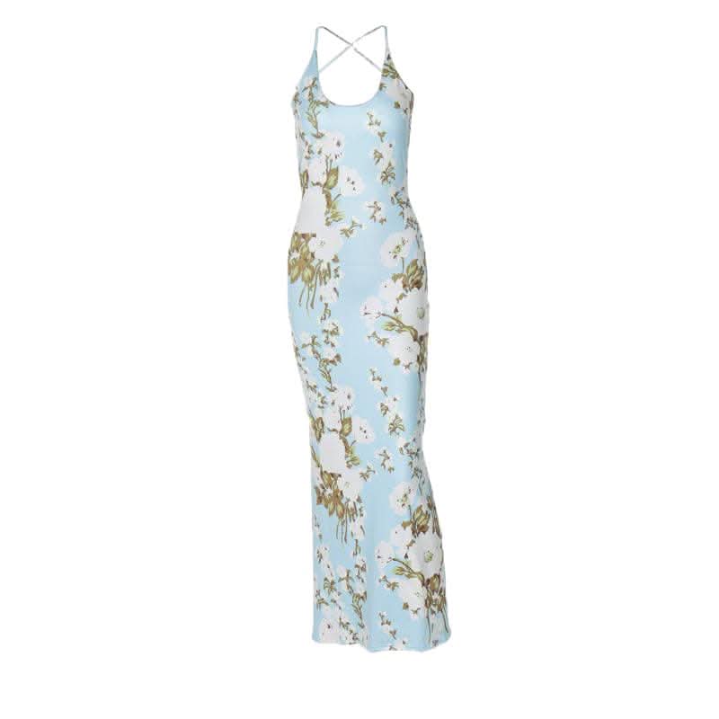 Flower print u neck cross back backless cami midi dress-final-sale  | Festival Outfits Women