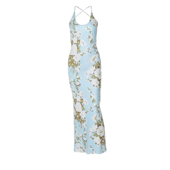 Flower print u neck cross back backless cami midi dress-final-sale  | Festival Outfits Women