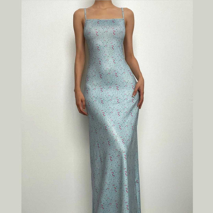 Flower print square neck contrast backless cami maxi dress-final-sale