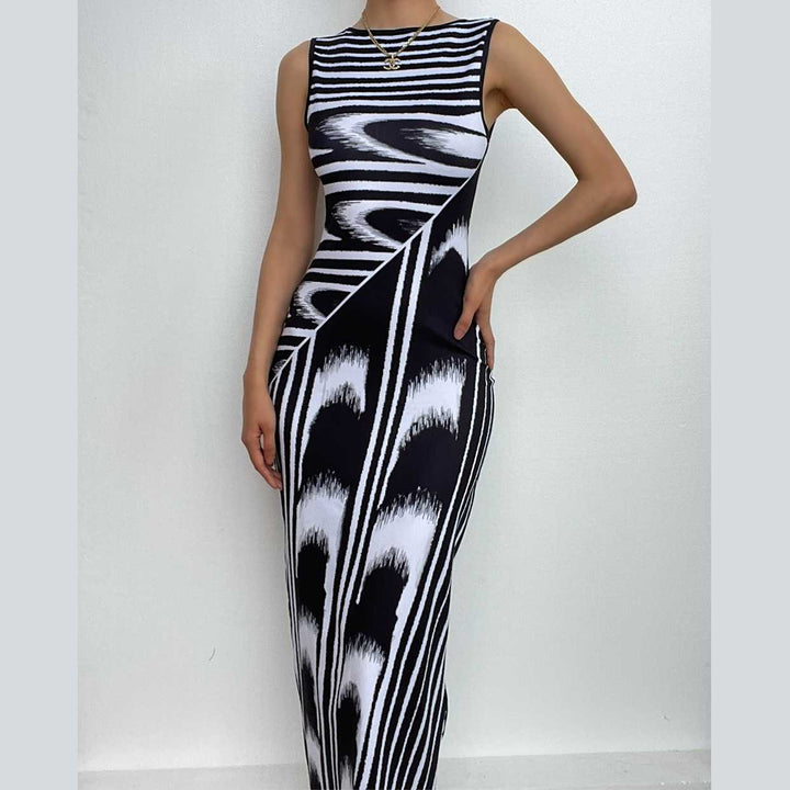 Striped contrast sleeveless round neck maxi dress-final-sale  | Festival Outfits Women