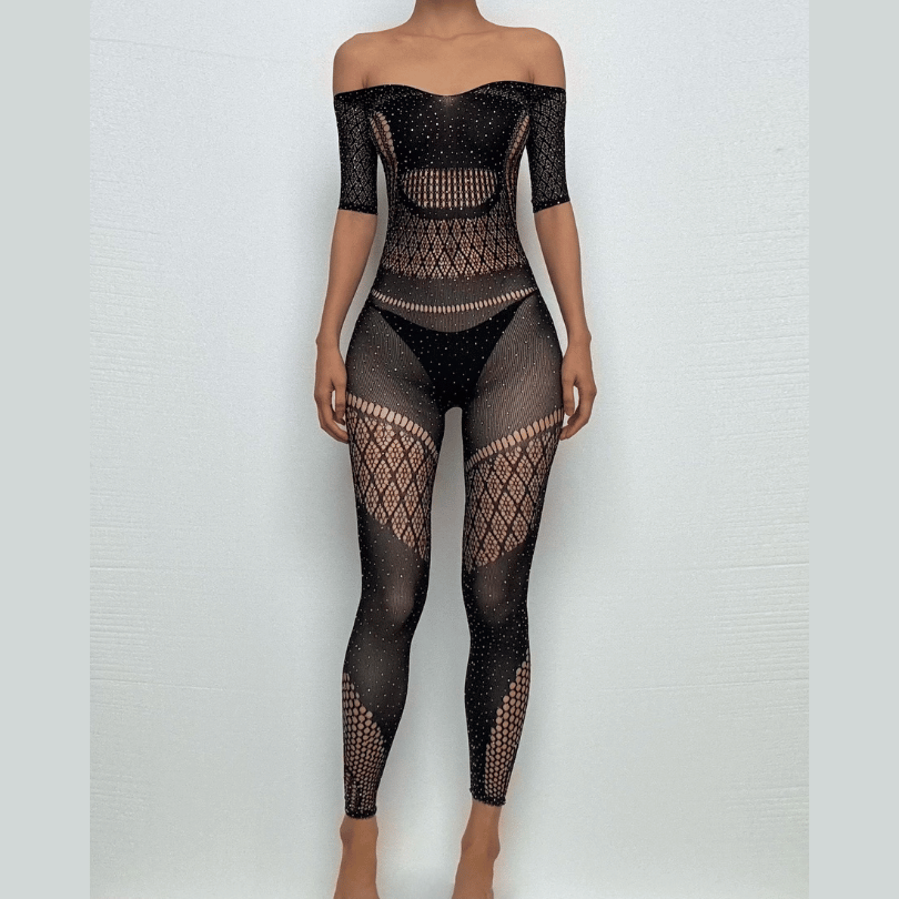 Short sleeve halter off shoulder net patchwork rhinestone bodystocking  | Festival Outfits Women