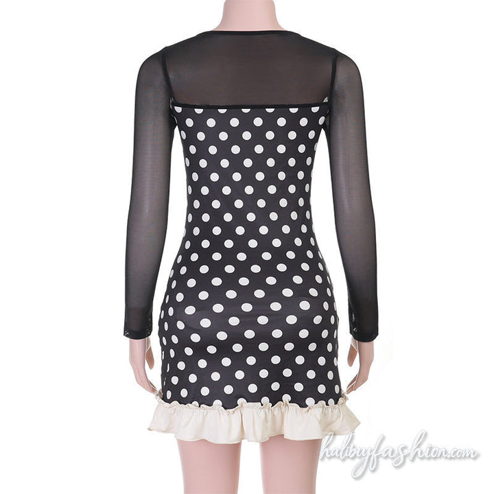 Long sleeve mesh polka dot crewneck ruffle mini dress - Halibuy - 4