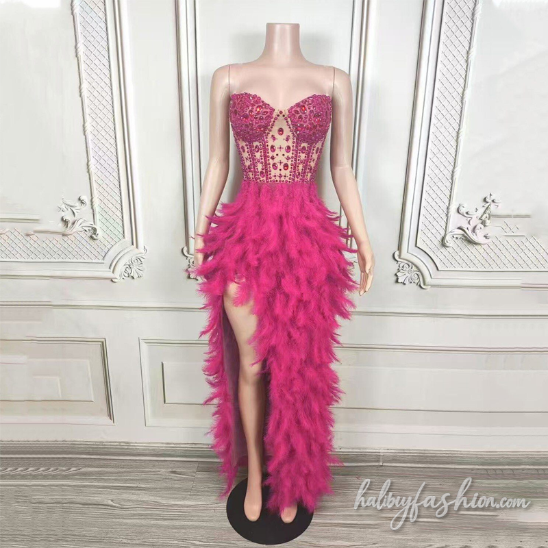 Feather slit beaded irregular backless maxi dress