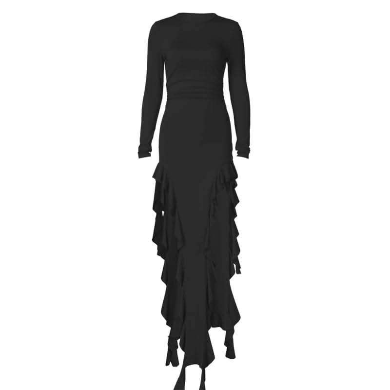 Long sleeve crewneck ruffle slit solid ruched maxi dress-final-sale  | Festival Outfits Women