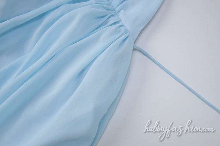 Halter self tie v neck ruched chiffon mini dress