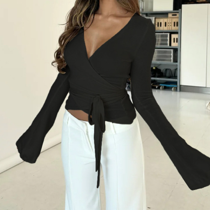 Long flared sleeve v neck self tie solid top  | Festival Outfits Women