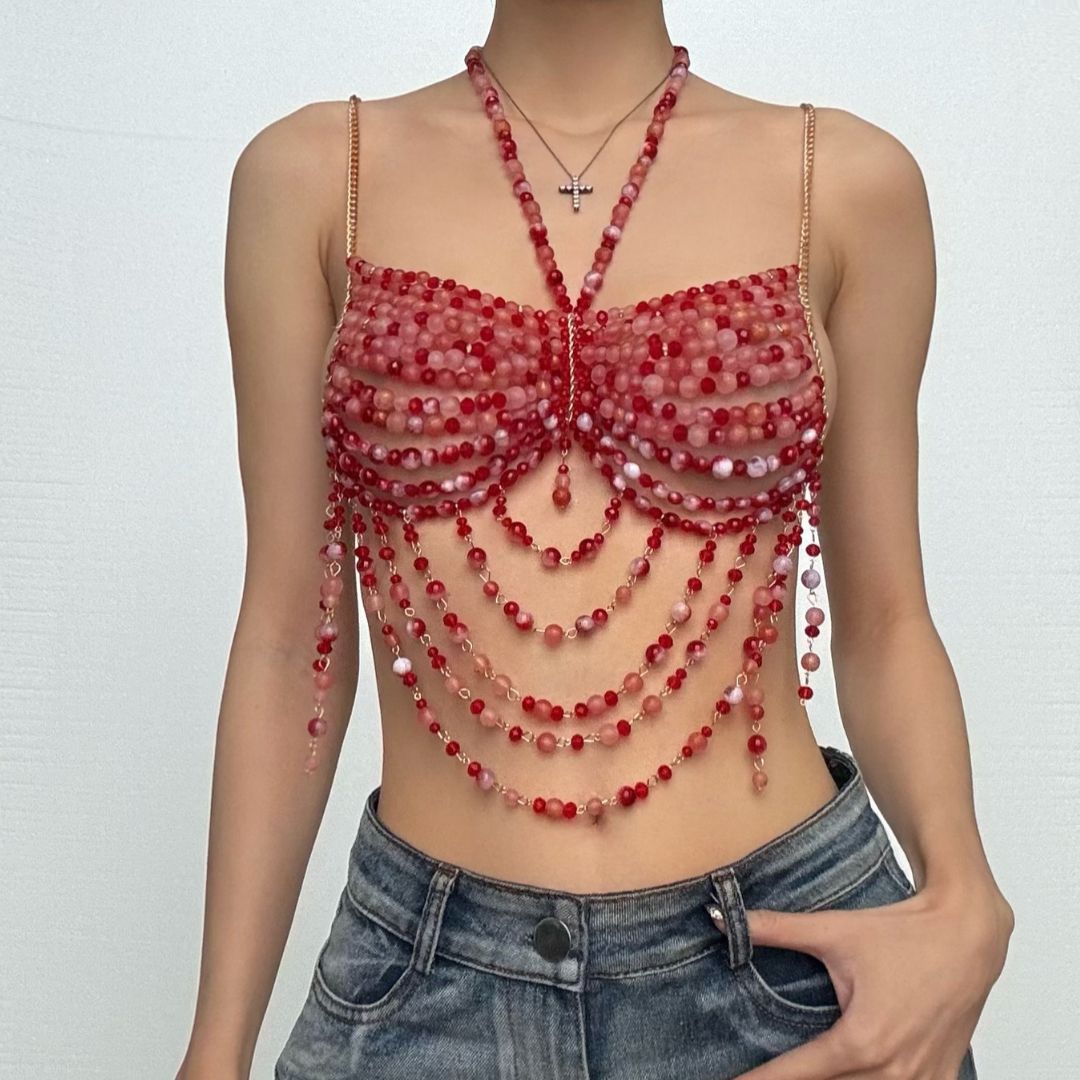 Halter beaded hollow out backless cut out top  | Festival Outfits Women