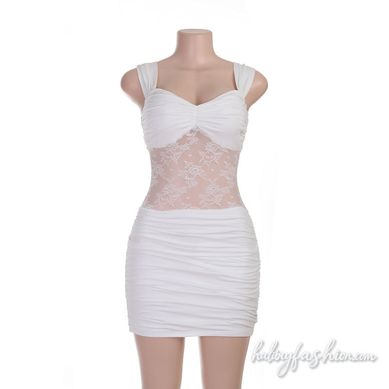 Ruched v neck lace patchwork backless mini dress