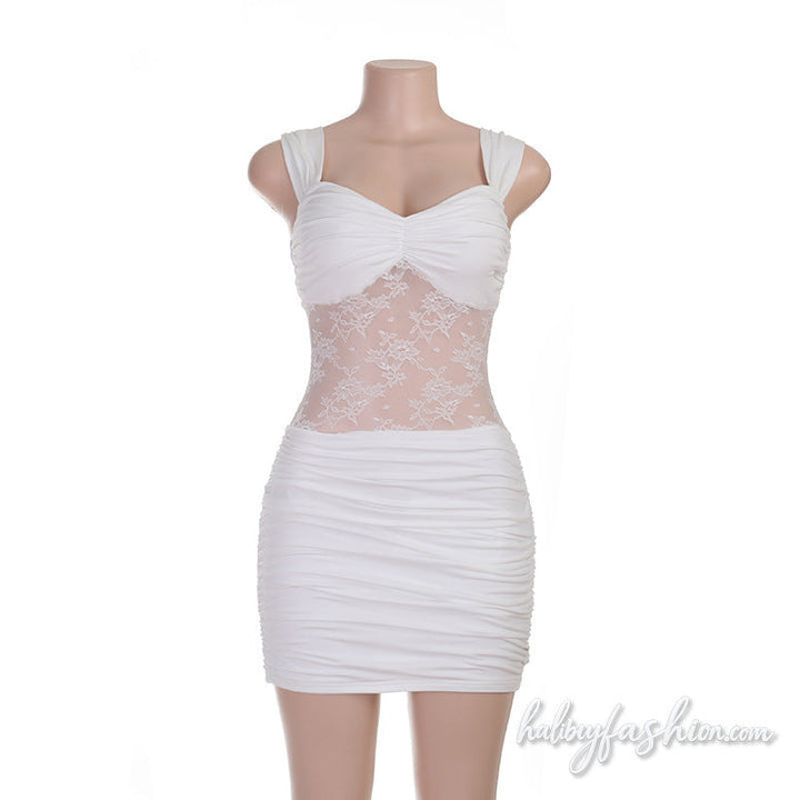 Ruched v neck lace patchwork backless mini dress
