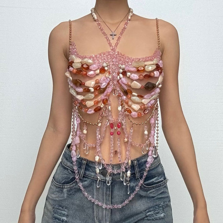 Beaded halter metal chain hollow out cami cut out top  | Festival Outfits Women