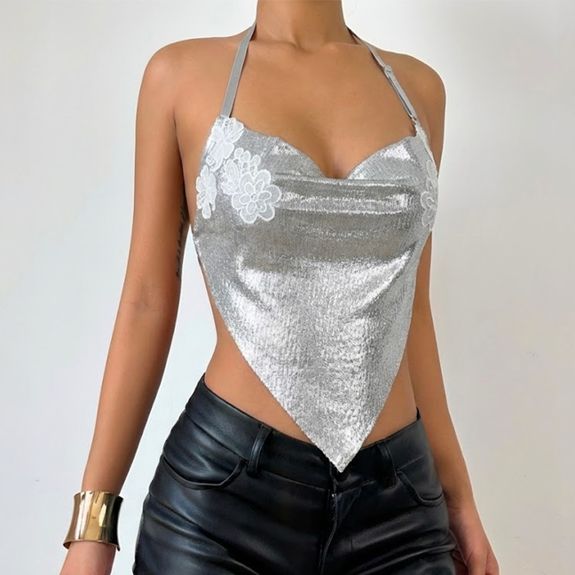 Cowl neck halter embroidery backless top  | Festival Outfits Women