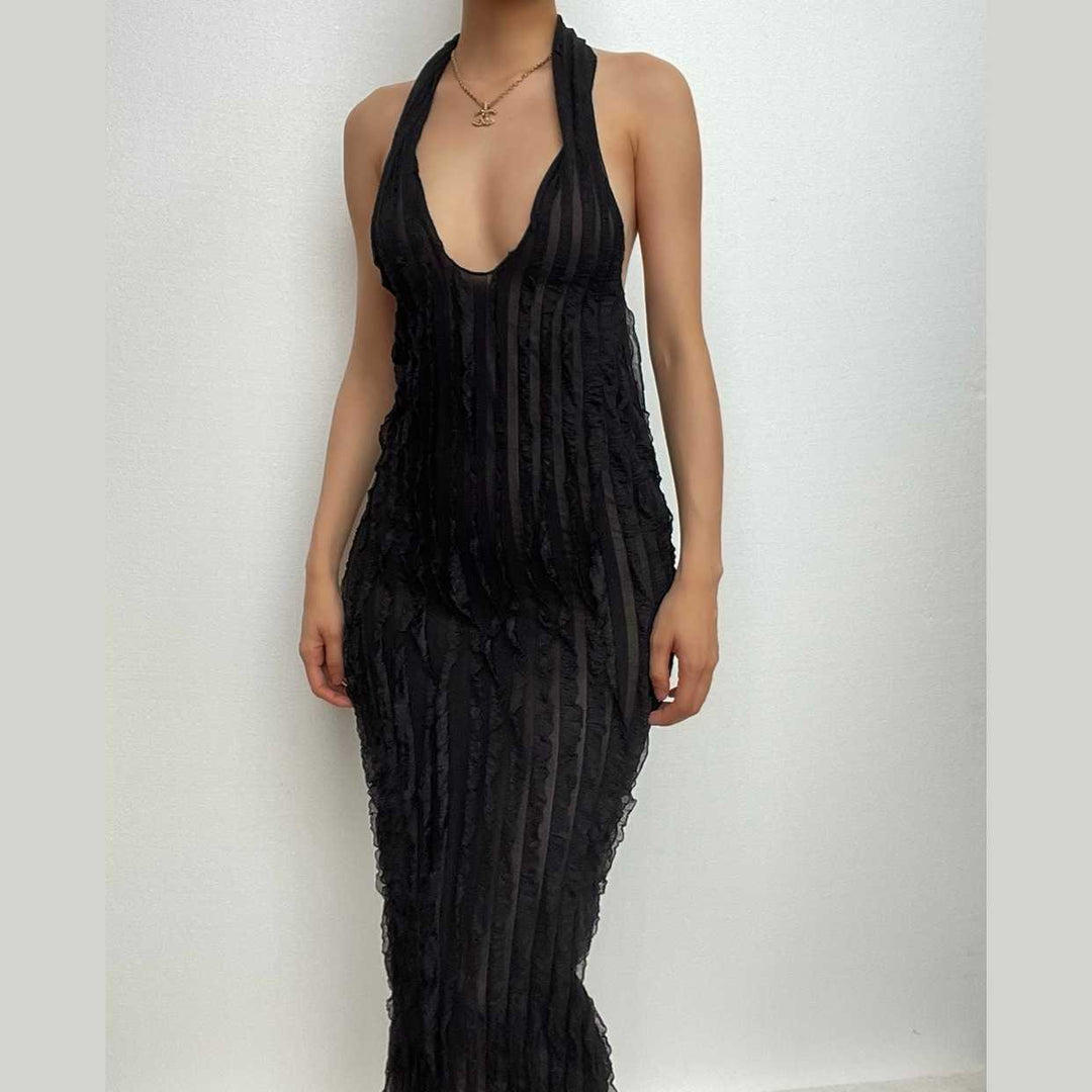 Textured ruffle solid halter self tie v neck backless maxi dress-final-sale  | Festival Outfits Women