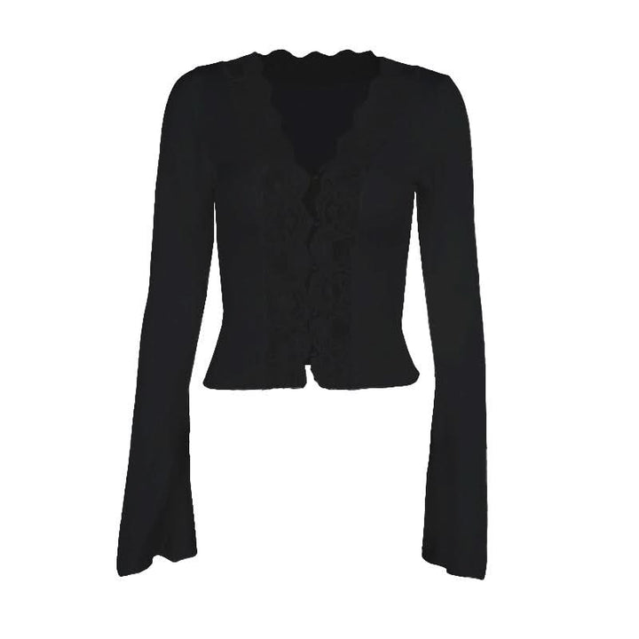 Long sleeve v neck lace hem button top  | Festival Outfits Women
