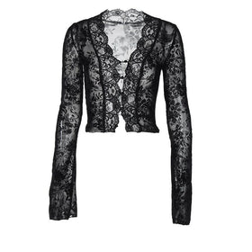 Long flared sleeve print lace hem button see through top  | Festival Outfits Women